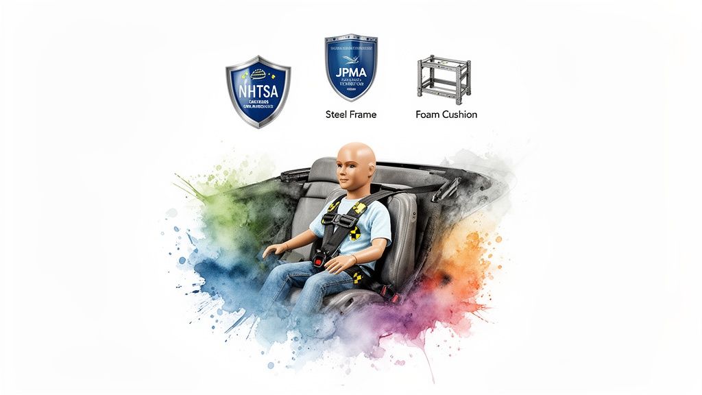 Crash test dummy in a convertible car seat, highlighting NHTSA, JPMA, steel frame, and foam cushion.