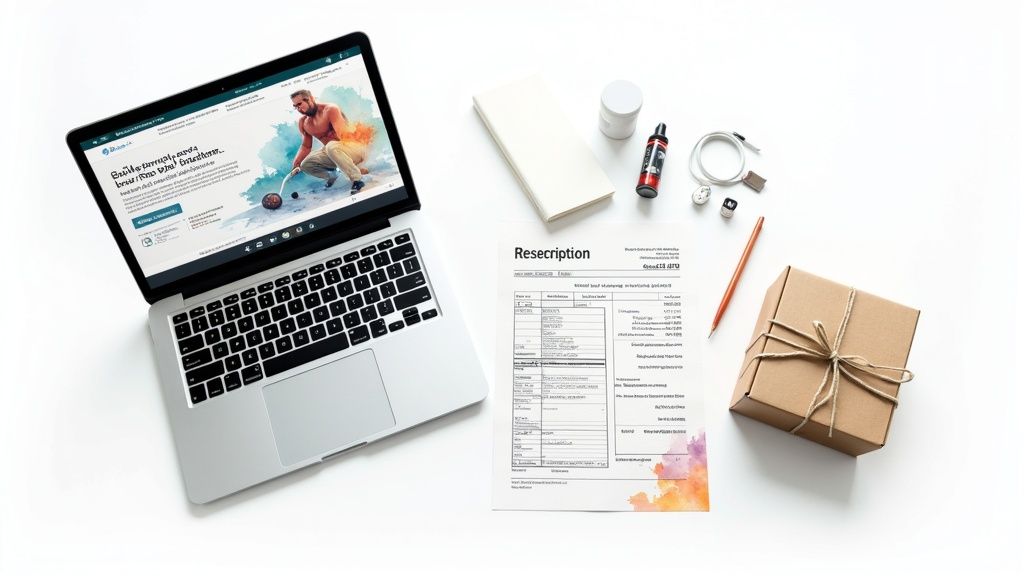 Laptop displaying breast pump insurance website with prescription form and medical supplies on desk