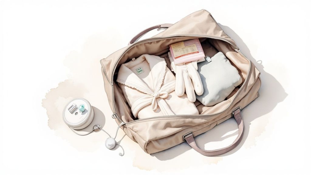 A beige hospital bag open, revealing a bathrobe, gloves, a pillow, and a medical device.