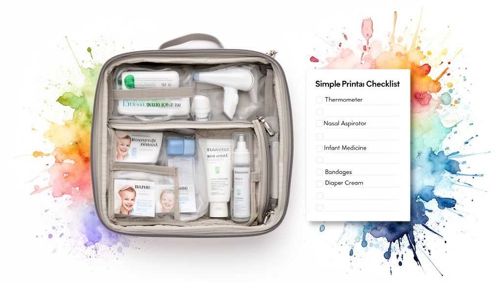An open grey baby first aid kit bag with various medical and care items, beside a printable checklist on a watercolor background.