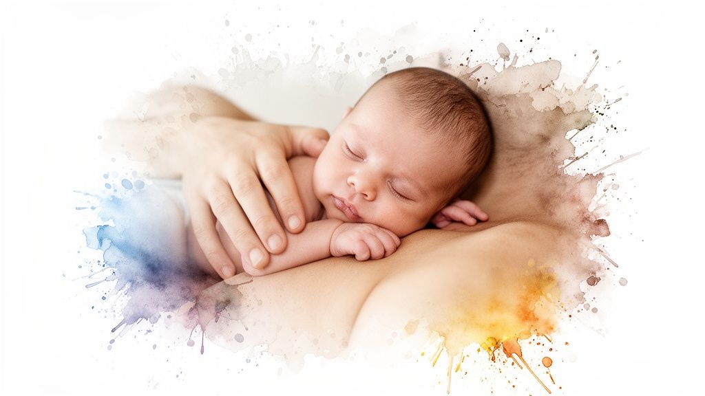 A newborn baby sleeps peacefully on an adult's chest, gently embraced by a hand.