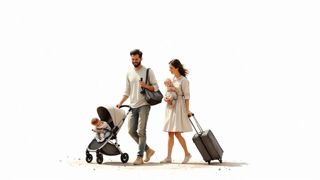A smiling mother holding her baby in an airport terminal, both looking ready for travel.