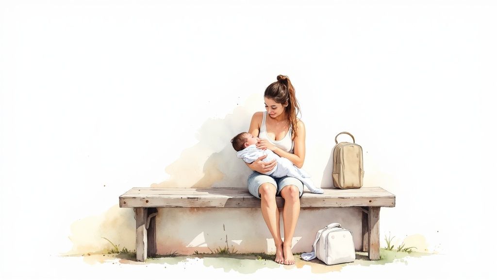 A mother breastfeeding her baby in a public park, looking confident and comfortable.