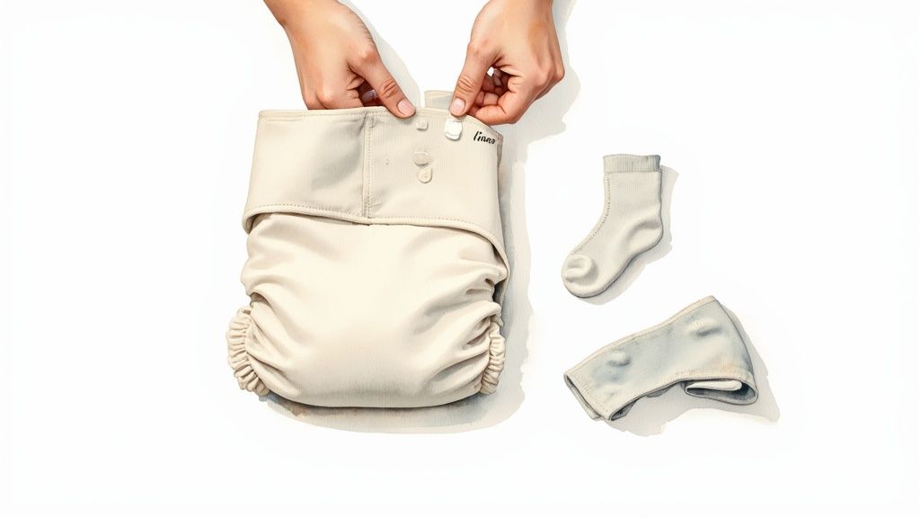 Hands adjust a beige cloth diaper with snaps, beside a baby sock and folded fabric.