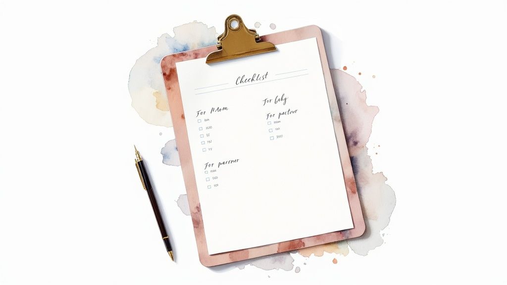 A pink clipboard with a 'Checklist' for mom, baby, and partner, resting on a white surface with watercolor accents.