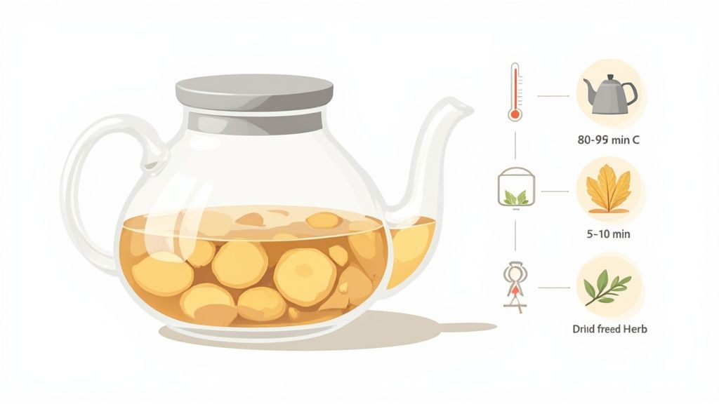 A person pouring hot water from a kettle into a mug with tea.