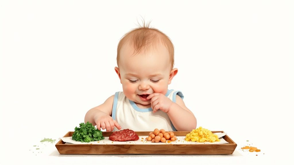 A happy baby with various foods on a tray, exploring baby-led weaning on a white background.