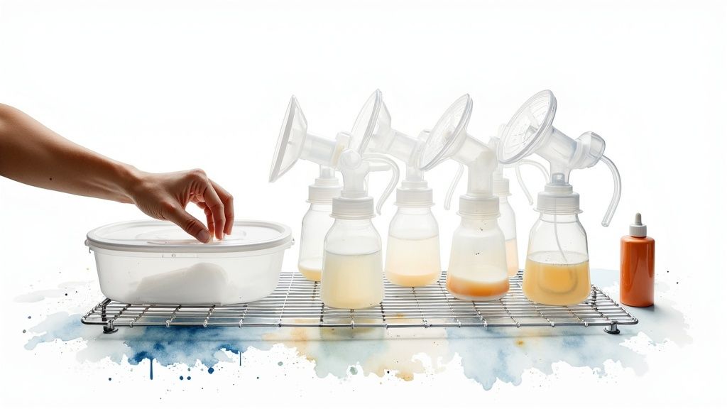 Clean breast pump parts air-drying on a special rack.