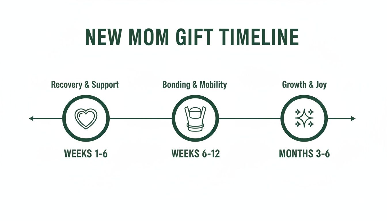 Timeline graphic for new mom gift ideas, showing recovery, bonding, and growth stages with timeframes.
