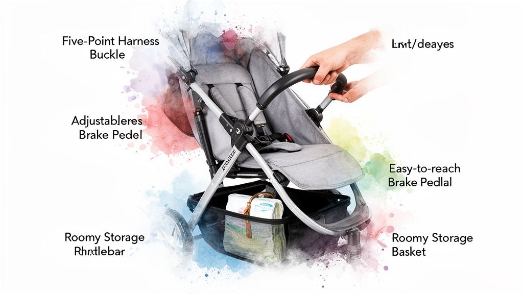 A detailed view of a modern gray baby stroller highlighting its five-point harness, brake pedals, and storage.