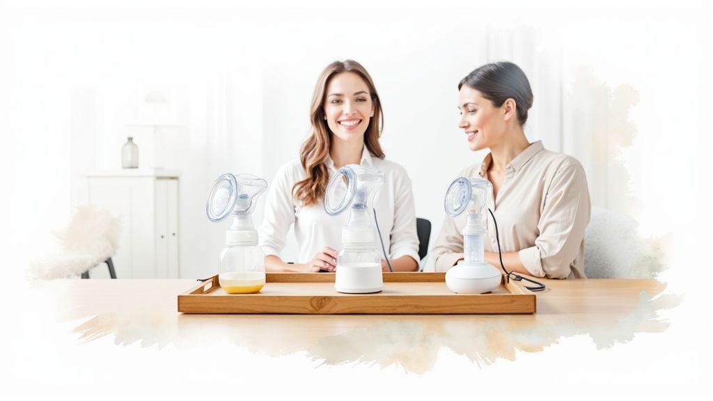 A working mom using a breast pump at her desk with a laptop.