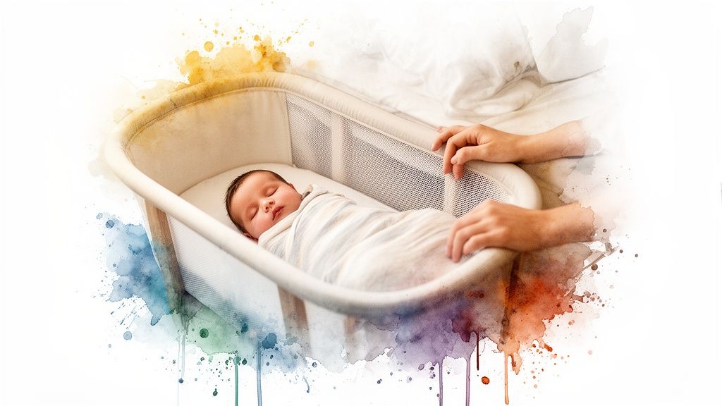 A sleeping newborn baby in a bassinet with adult hands on the edge, surrounded by watercolor splashes.