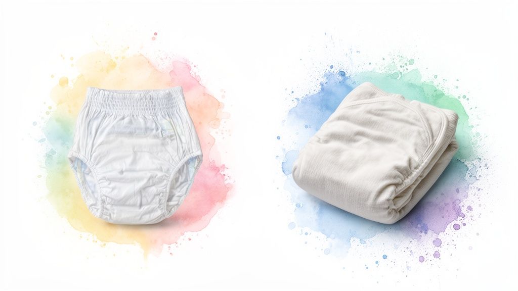Two types of white baby diapers, a disposable pull-up and a folded cloth diaper, on colorful watercolor splashes.