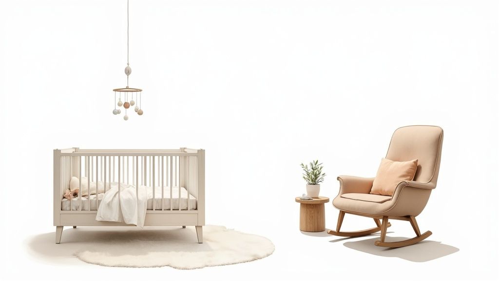 A peaceful and modern baby nursery with a wooden crib and neutral decor