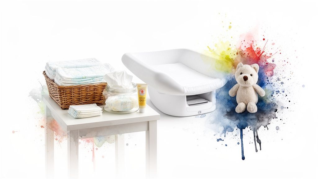A well-organized baby changing station with diapers, wipes, cream, a changing pad, and a teddy bear.