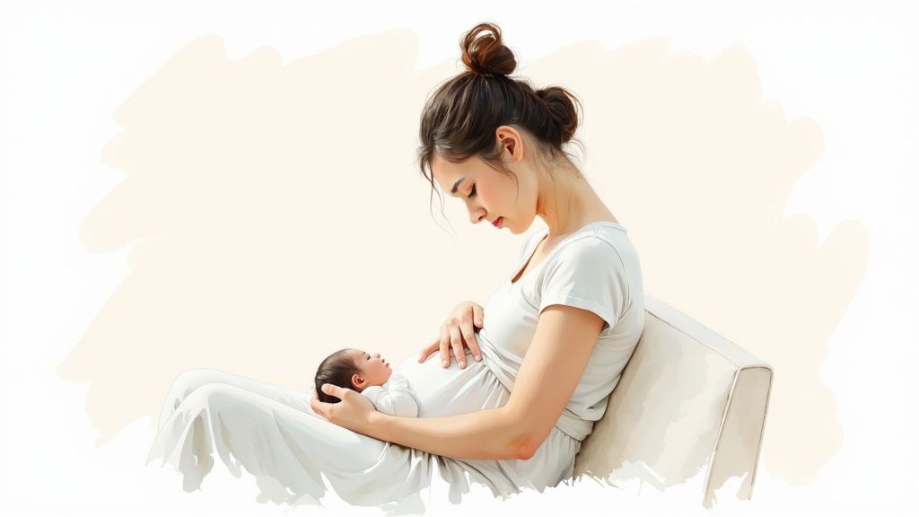 A serene mother breastfeeds her newborn baby, cradling the infant lovingly.