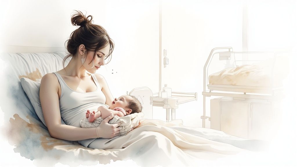 A newborn baby is held by a parent