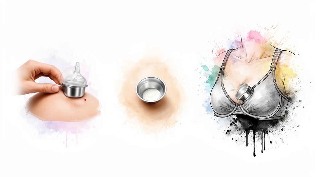 Three illustrations showing silver nursing cups for milk collection and nipple care.