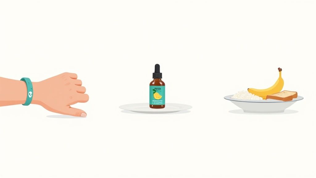 A person wearing an acupressure wristband and holding a cup of tea.