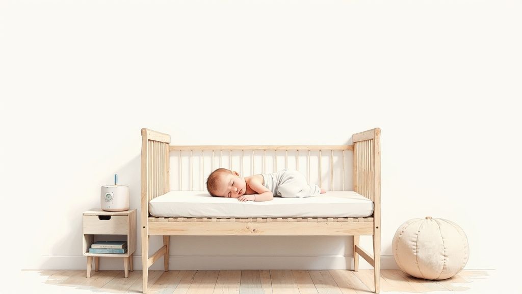 Newborn baby sleeping peacefully on wooden crib with white mattress in minimalist nursery room