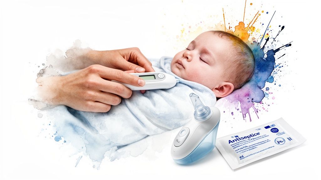A parent checks a sleeping baby's temperature with a thermometer, alongside baby care essentials and colorful art.