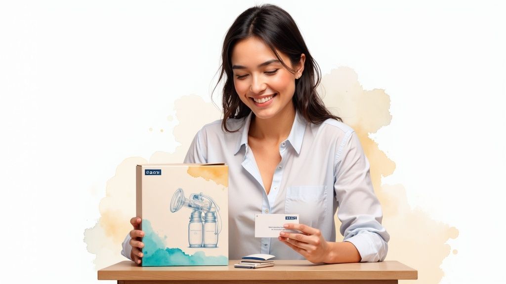 A smiling woman unboxes a breast pump, holding an informational card on a wooden table.