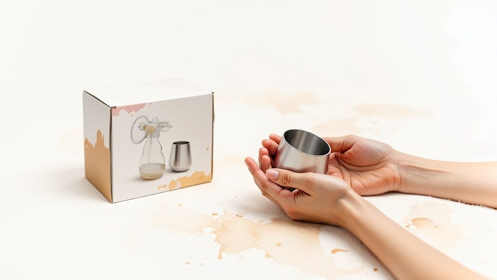 Hands hold a silver cup next to a box illustrating a breast pump, on a surface with brown stains.