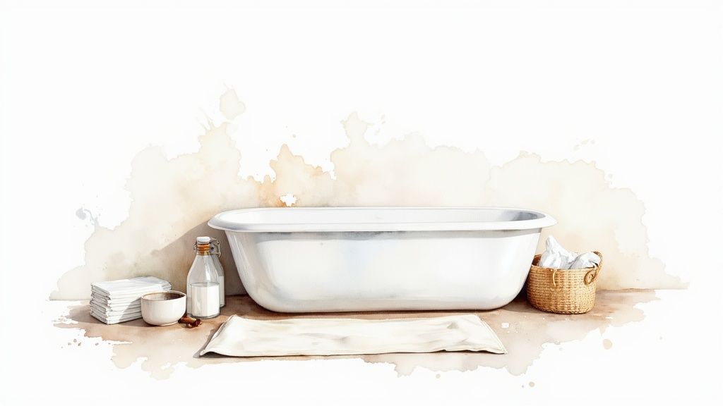 Watercolor illustration of white bathtub with towels, bottles and wicker basket for newborn bath time