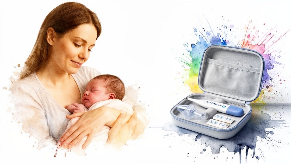 A mother gently holds her sleeping newborn baby, shown alongside an open baby first aid kit.