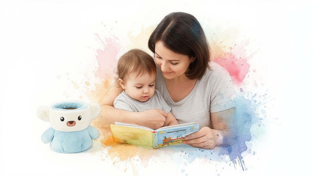 A happy mother and baby are reading a colorful storybook together, with a plush toy nearby.