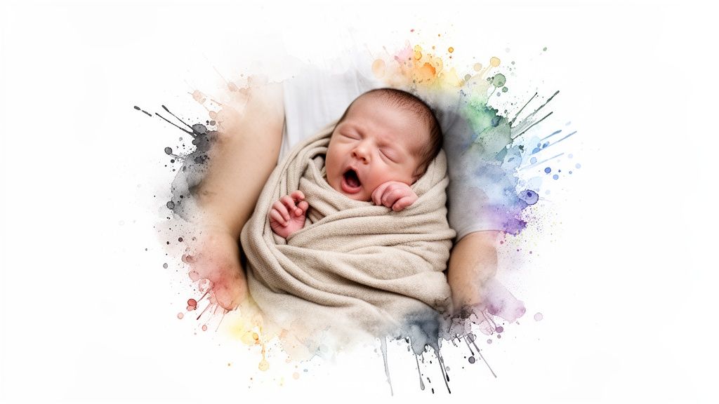 A beautiful newborn baby, swaddled and yawning, cradled within colorful watercolor splashes.