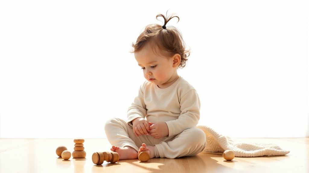 A baby with a ponytail sits on a wooden floor, playing with natural wooden Montessori toys.