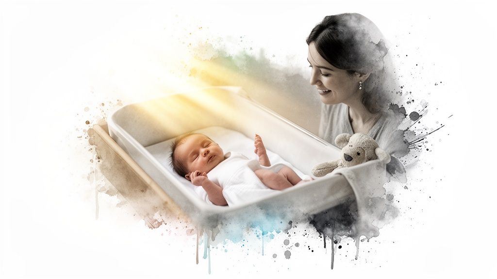 A happy mother gazes lovingly at her newborn baby sleeping peacefully in a bassinet with a teddy bear.