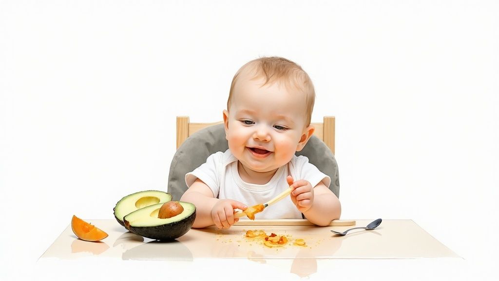 Happy baby in a high chair exploring avocado and cantaloupe during baby-led weaning.