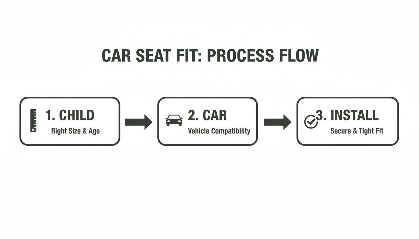 A car seat fit process flow chart showing steps: 1. Child size, 2. Car compatibility, 3. Secure installation.