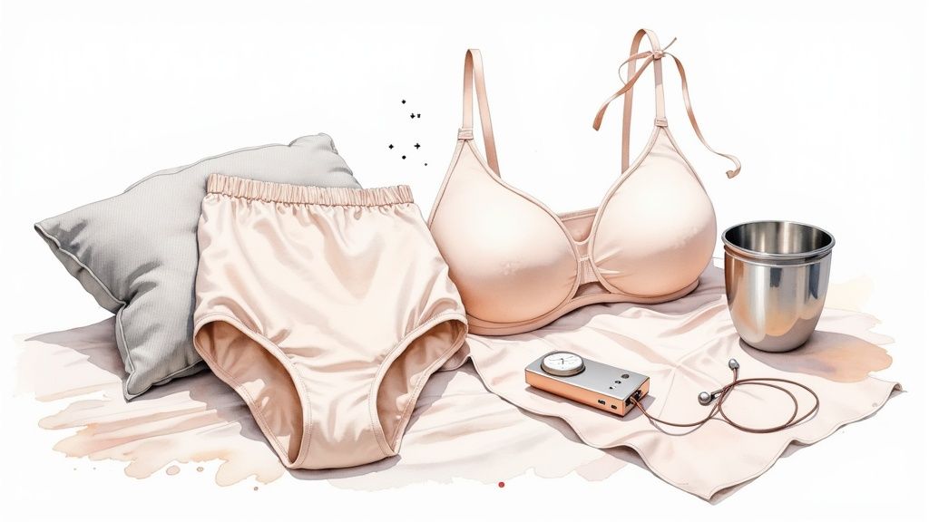 Postpartum hospital bag items: a soft pillow, comfortable underwear, nursing bra, and medical device.