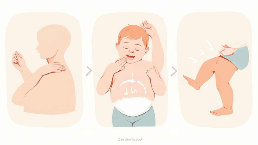 A parent gently massaging their baby's tummy to relieve gas.