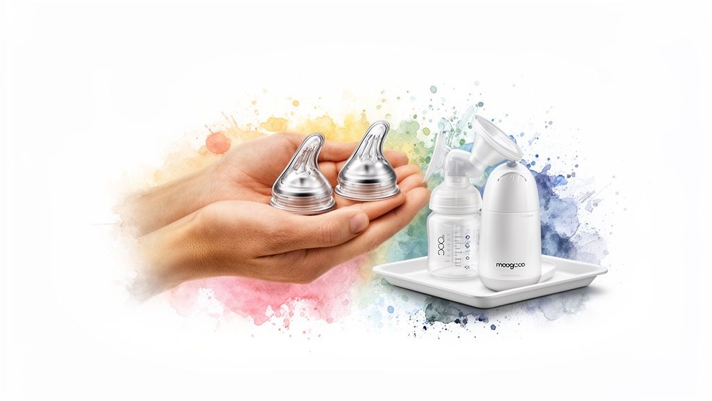 Hands holding two silver bottle nipples next to a white electric breast pump and baby bottle.