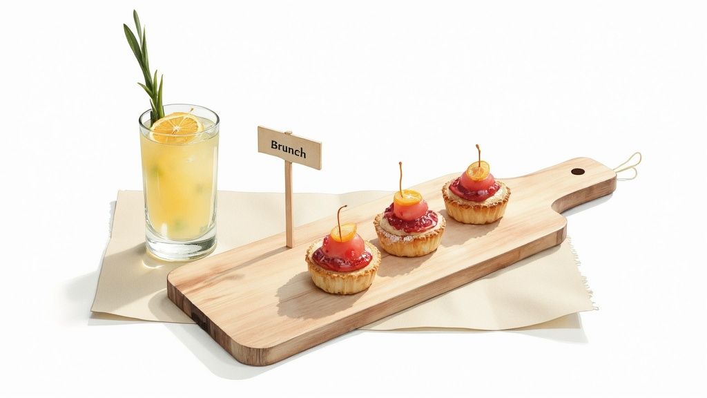 A brunch spread featuring three fruit tarts on a wooden board next to a refreshing cocktail.