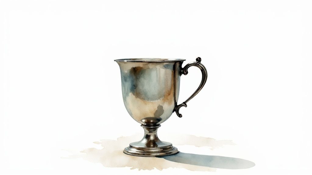 A watercolor painting of a shiny silver cup with a handle and base on a white background.