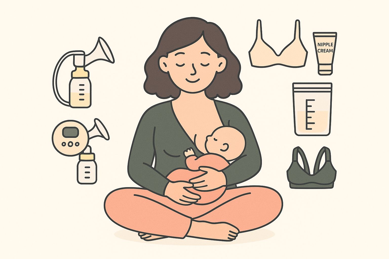 A collection of various lactation products like a breast pump, nursing pads, and nipple cream arranged neatly.