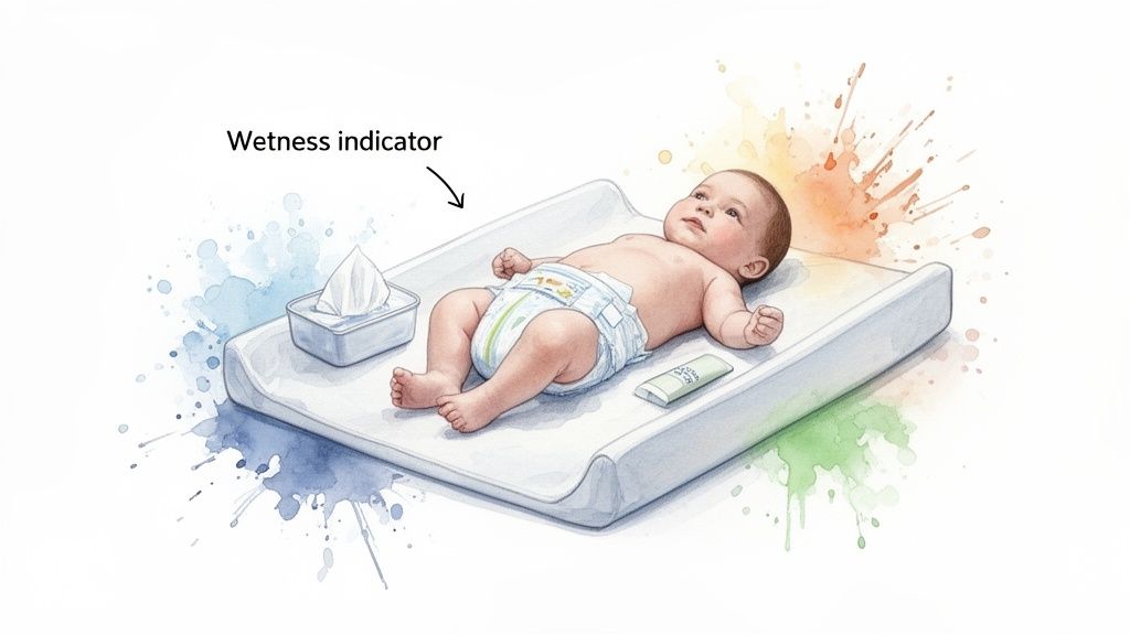 A baby on a changing table, wearing a diaper with a wetness indicator, next to wipes and lotion.