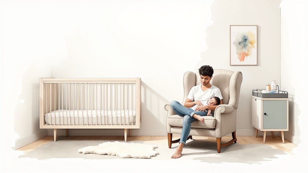 A father gently cradles his sleeping baby in a cozy nursery room with a crib and changing table.