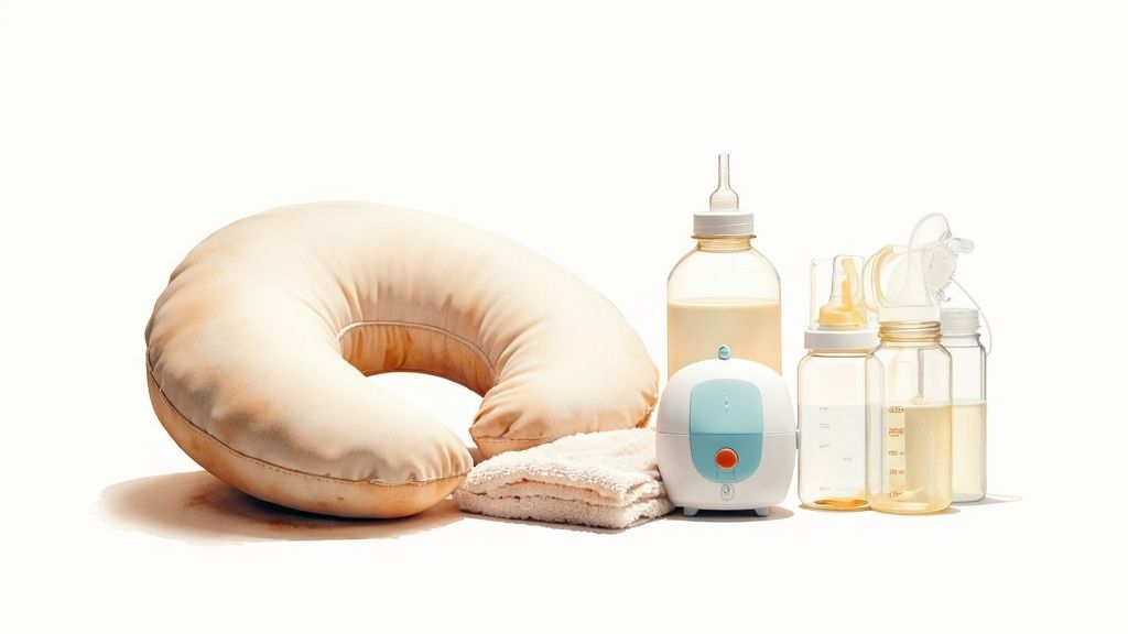 A mother breastfeeding her newborn comfortably in a well-lit room.