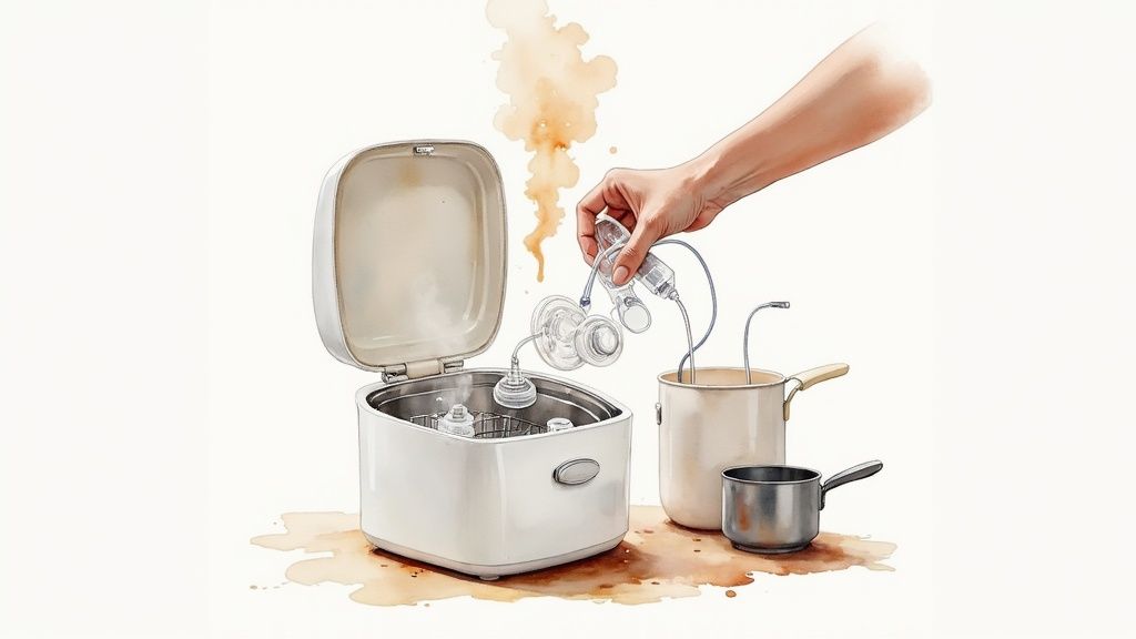A woman sanitizing breast pump parts in a steam sterilizer
