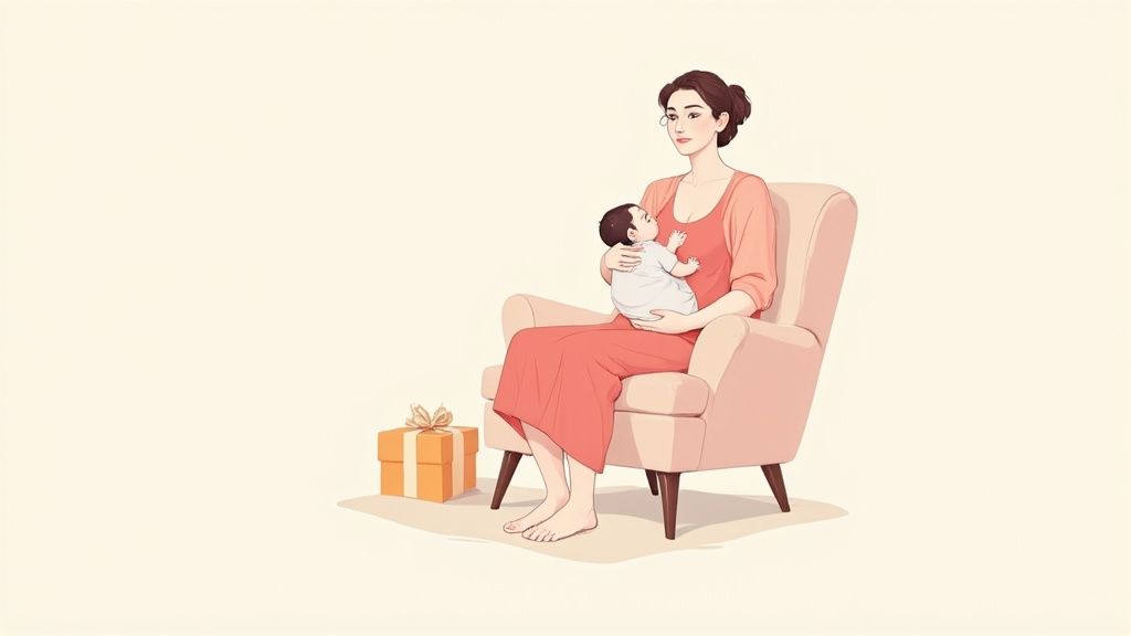 A new mother holding her baby in her arms while smiling.