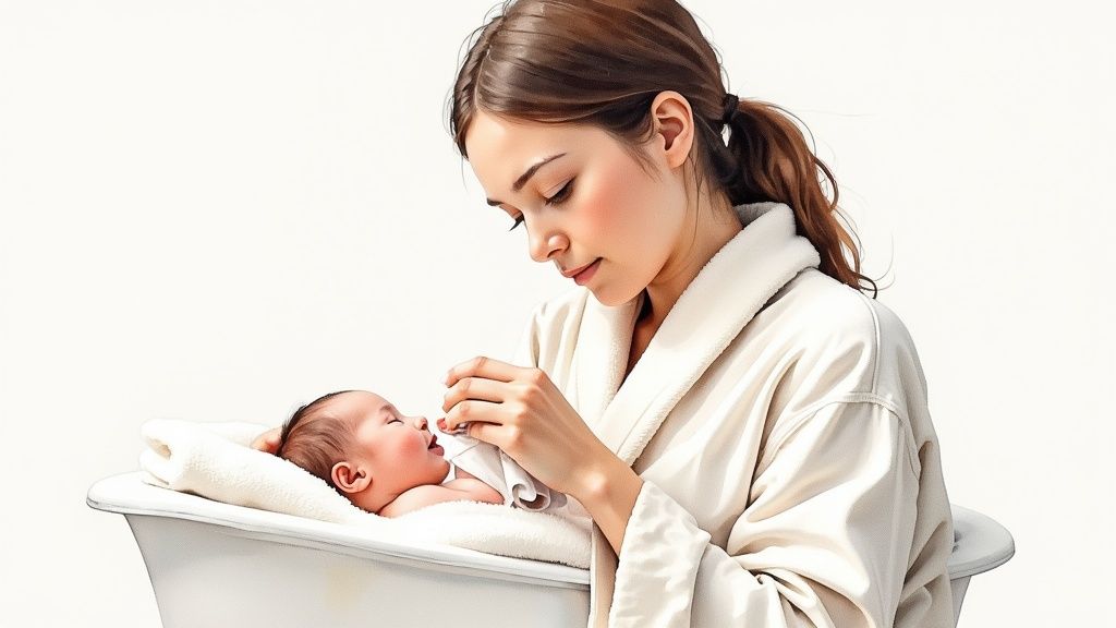 A loving mother in a robe gently bathes her newborn baby in a white tub.