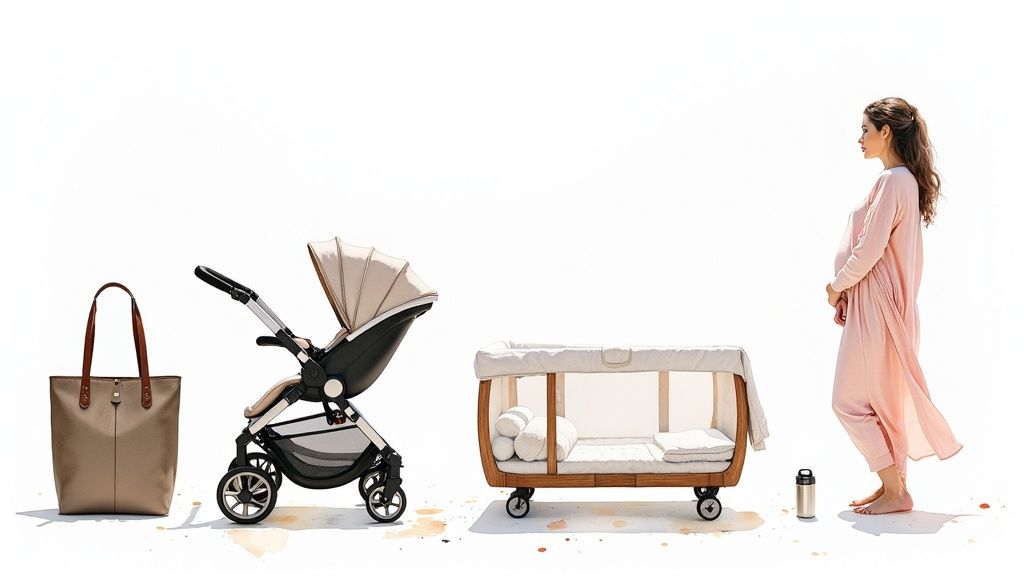 A pregnant woman, stroller, bassinet, tote bag, and thermos display baby essentials.