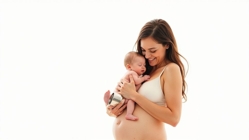 A joyous mother cradling her sleeping baby, who holds a silver nursing cup, on a white background.