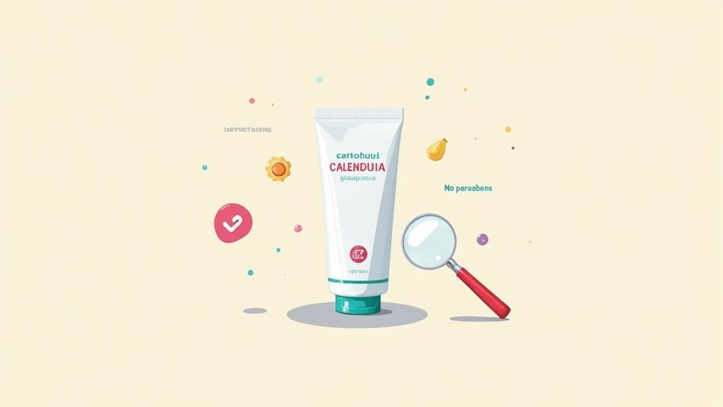 A close-up of a nipple cream tube with natural ingredients like calendula flowers and shea butter arranged around it.